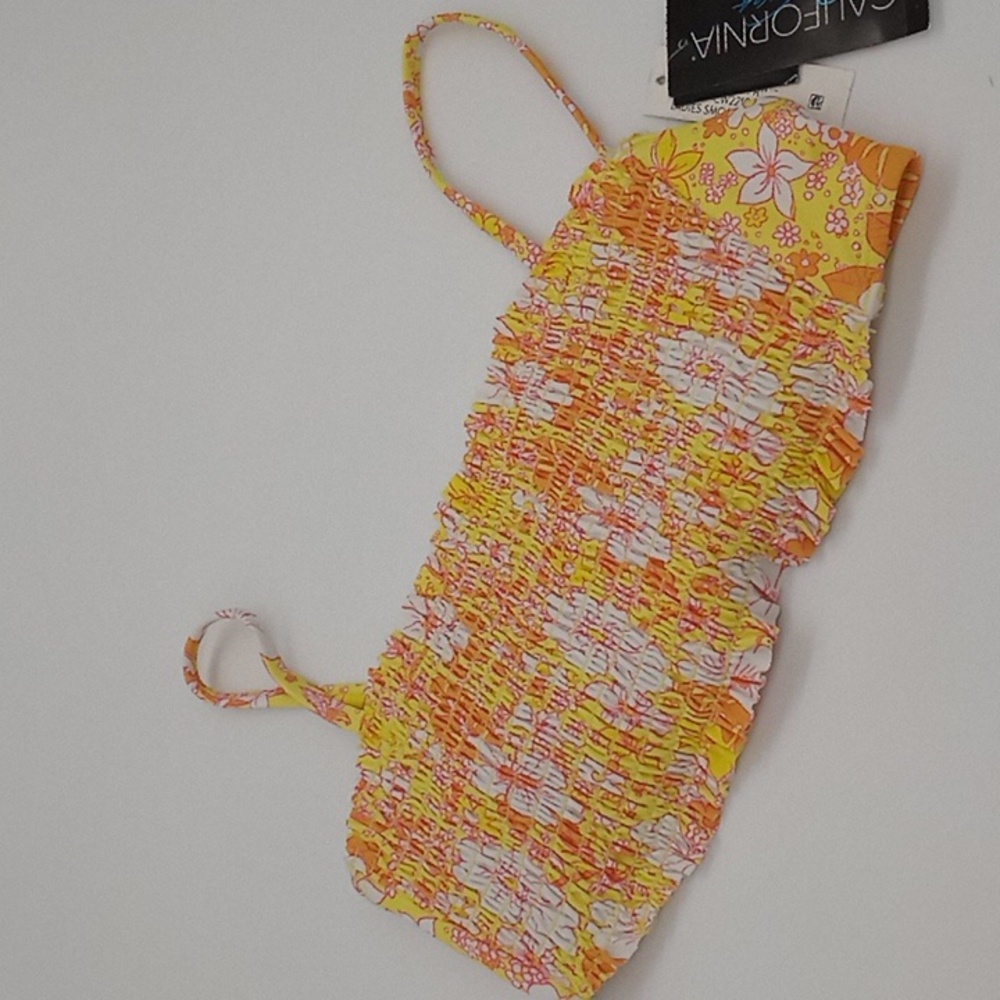 California Waves Floral Print Smocked Bandeau Bikini Top Yellow S